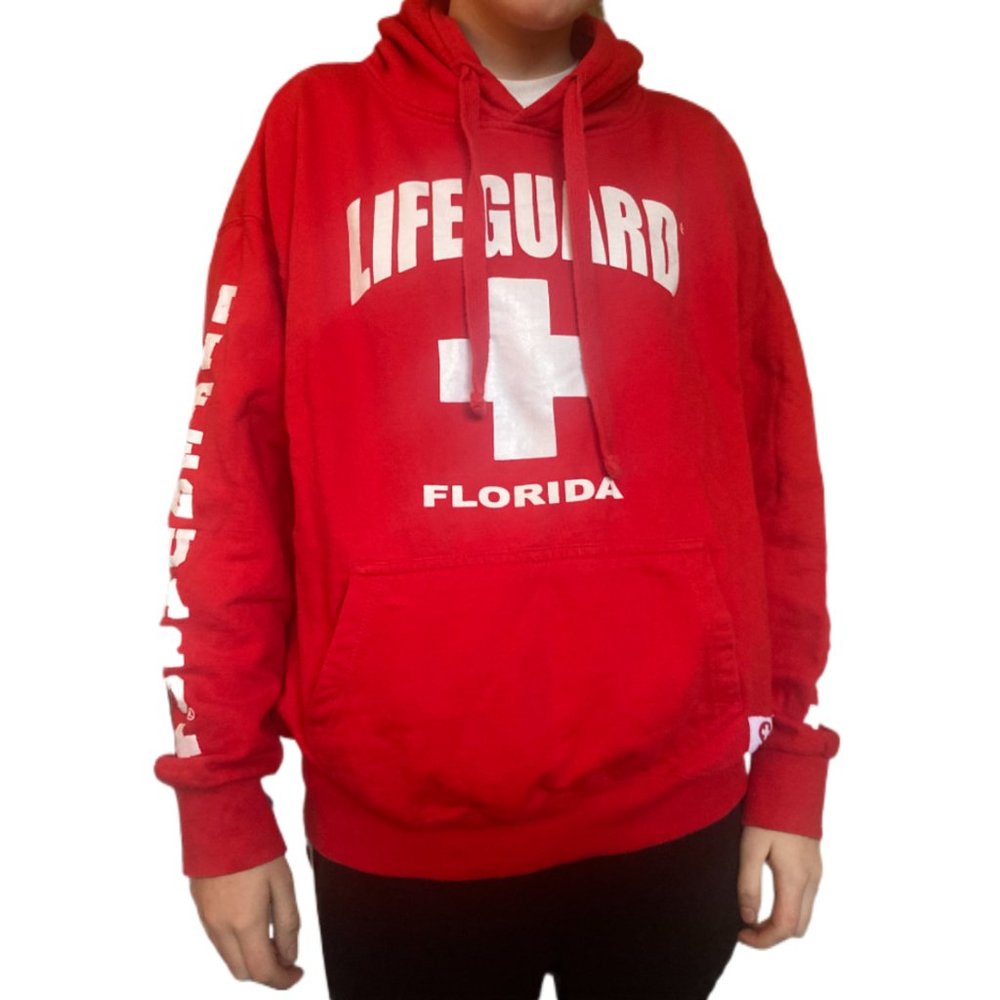 Lifeguard Hoodie Sweatshirt Adult Large Red Pullover Florida Drawstring Mens